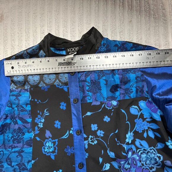 Koos Of Course Women's Long Sleeve Button Down Top Silk 1X Blue Floral Patchwork - Picture 7 of 9